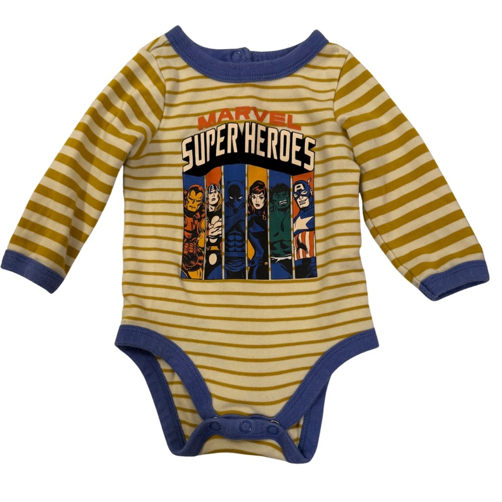 Marvel Super Heroes Baby Bodysuit 6–9 Months Organic Cotton Long Sleeve Striped